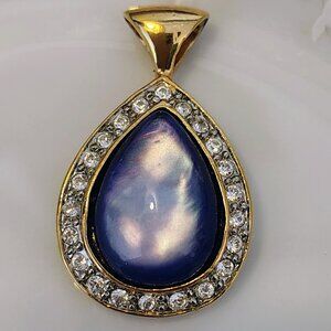 Vtg  Blue Moonglow AND RHINESTONE HALO TEARDROP PENDANT Gold-plated
